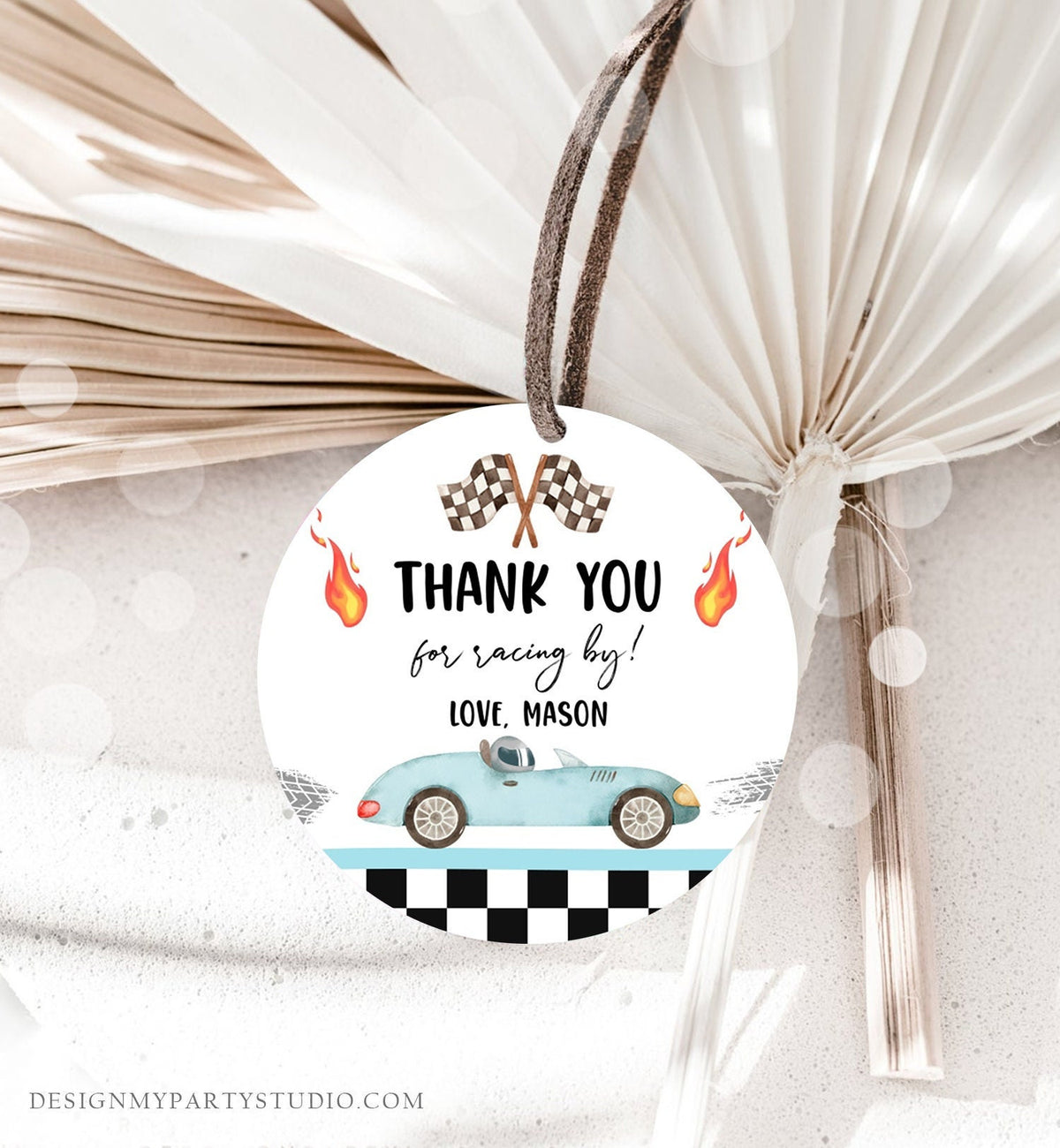 Editable Racing Favor Tags Race Car Birthday Thank you Label Growing Up Two Fast 2 Stickers Blue Race Car 2nd Template Corjl PRINTABLE 0424