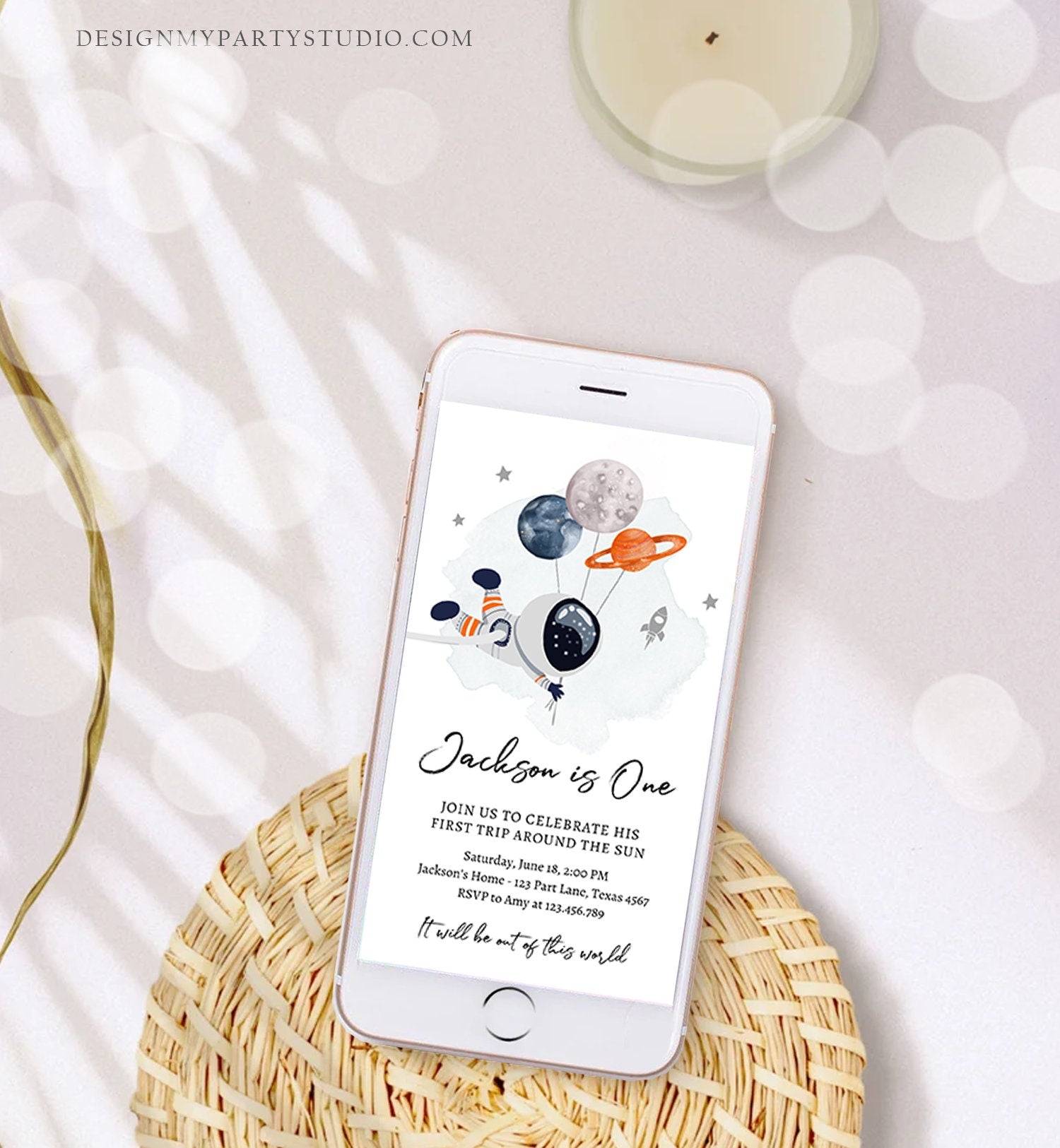 Editable Outer Space Birthday Evite Out of this World Astronaut Trip Around the Sun Digital Download Electronic Smartphone Template 0366