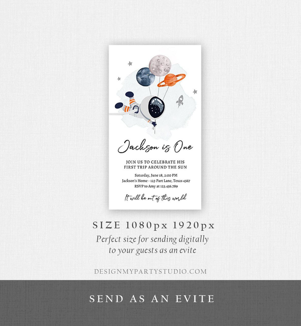 Editable Outer Space Birthday Evite Out of this World Astronaut Trip Around the Sun Digital Download Electronic Smartphone Template 0366