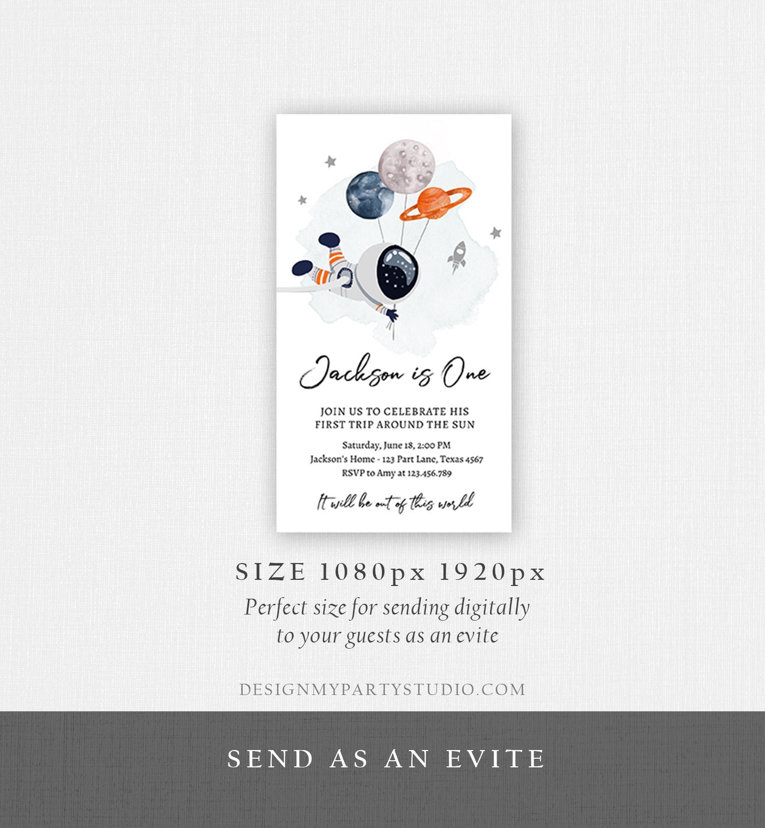 Editable Outer Space Birthday Evite Out of this World Astronaut Trip Around the Sun Digital Download Electronic Smartphone Template 0366