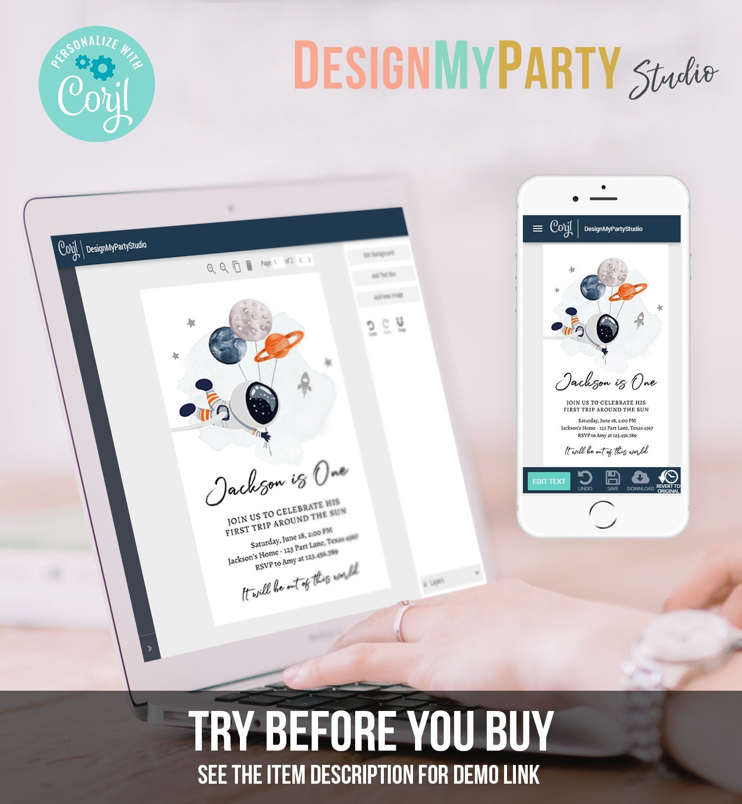 Editable Outer Space Birthday Evite Out of this World Astronaut Trip Around the Sun Digital Download Electronic Smartphone Template 0366