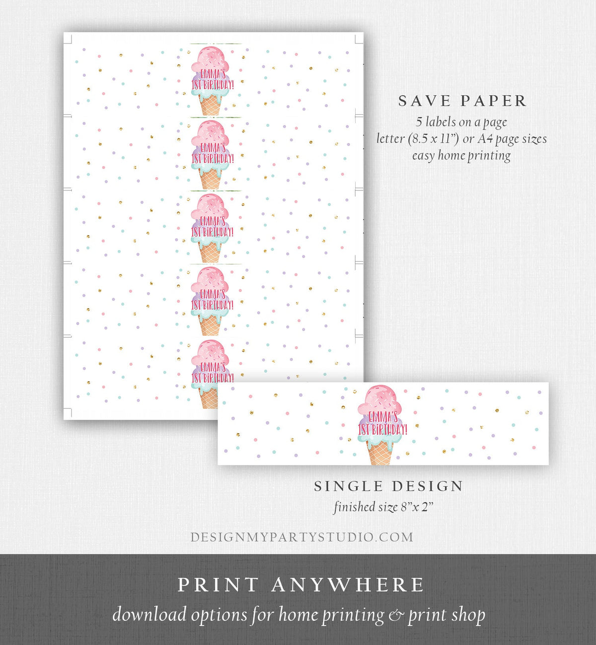 Editable Ice Cream Water Bottle Label Ice Cream Birthday Scoop Cone Mint Pink Purple Summer Girl Digital Download Template Printable 0243