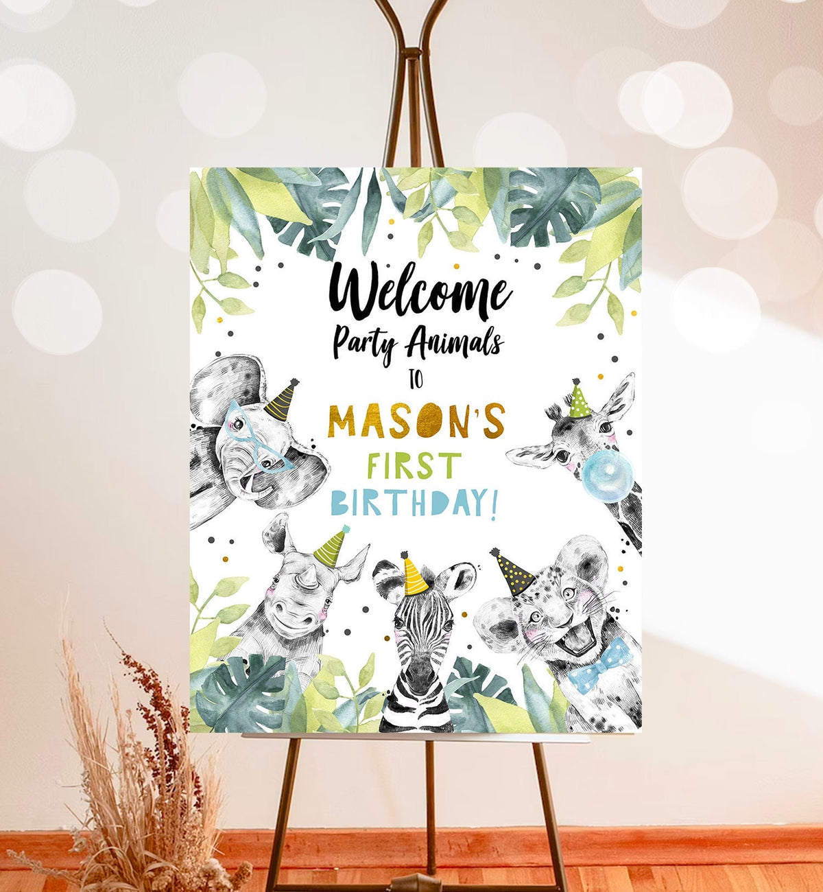 Editable Party Animals Welcome Sign Boy Birthday Party Safari Animals Sign Welcome Jungle Gold Table Sign Digital Template Printable 0322