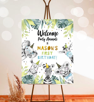 Editable Party Animals Welcome Sign Boy Birthday Party Safari Animals Sign Zoo Welcome Jungle Gold Table Sign Corjl Template Printable 0322