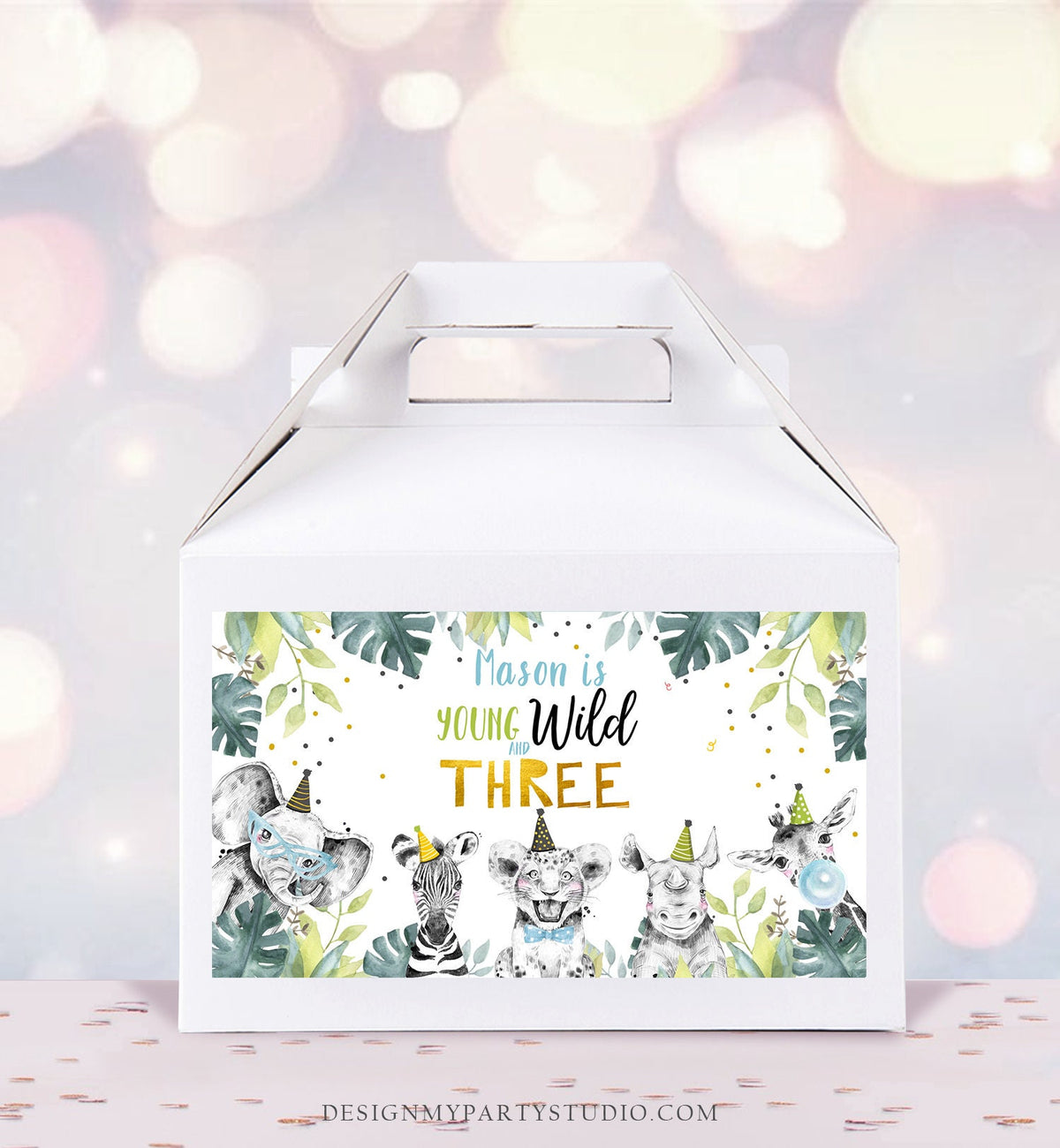 Editable Party Animals Gable Safari Animals 3rd Birthday Gift Box Labels Watercolor Young Wild and Three Boy Download Printable Corjl 0322