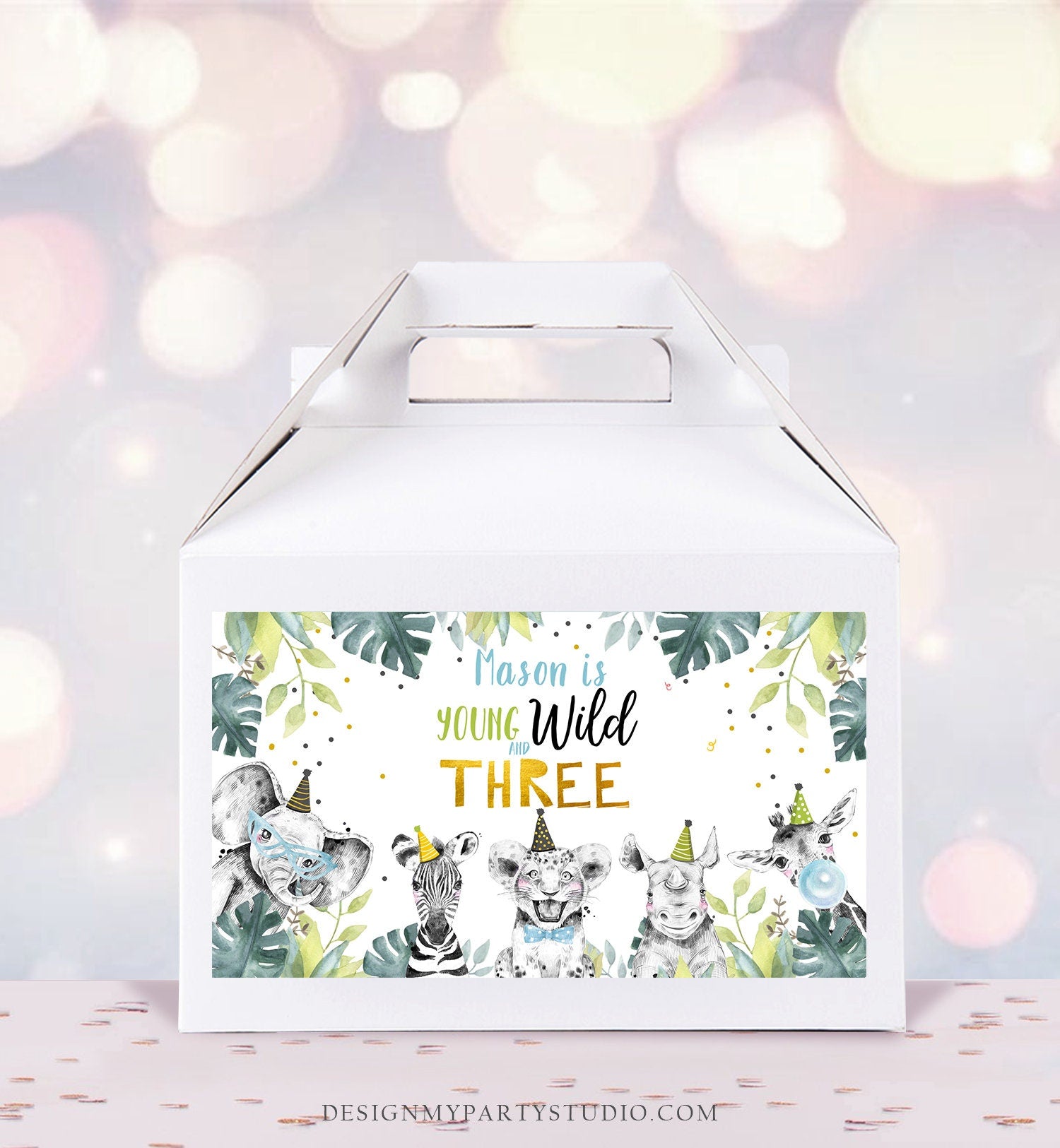 Editable Party Animals Gable Safari Animals 3rd Birthday Gift Box Labels Watercolor Young Wild and Three Boy Download Printable Corjl 0322