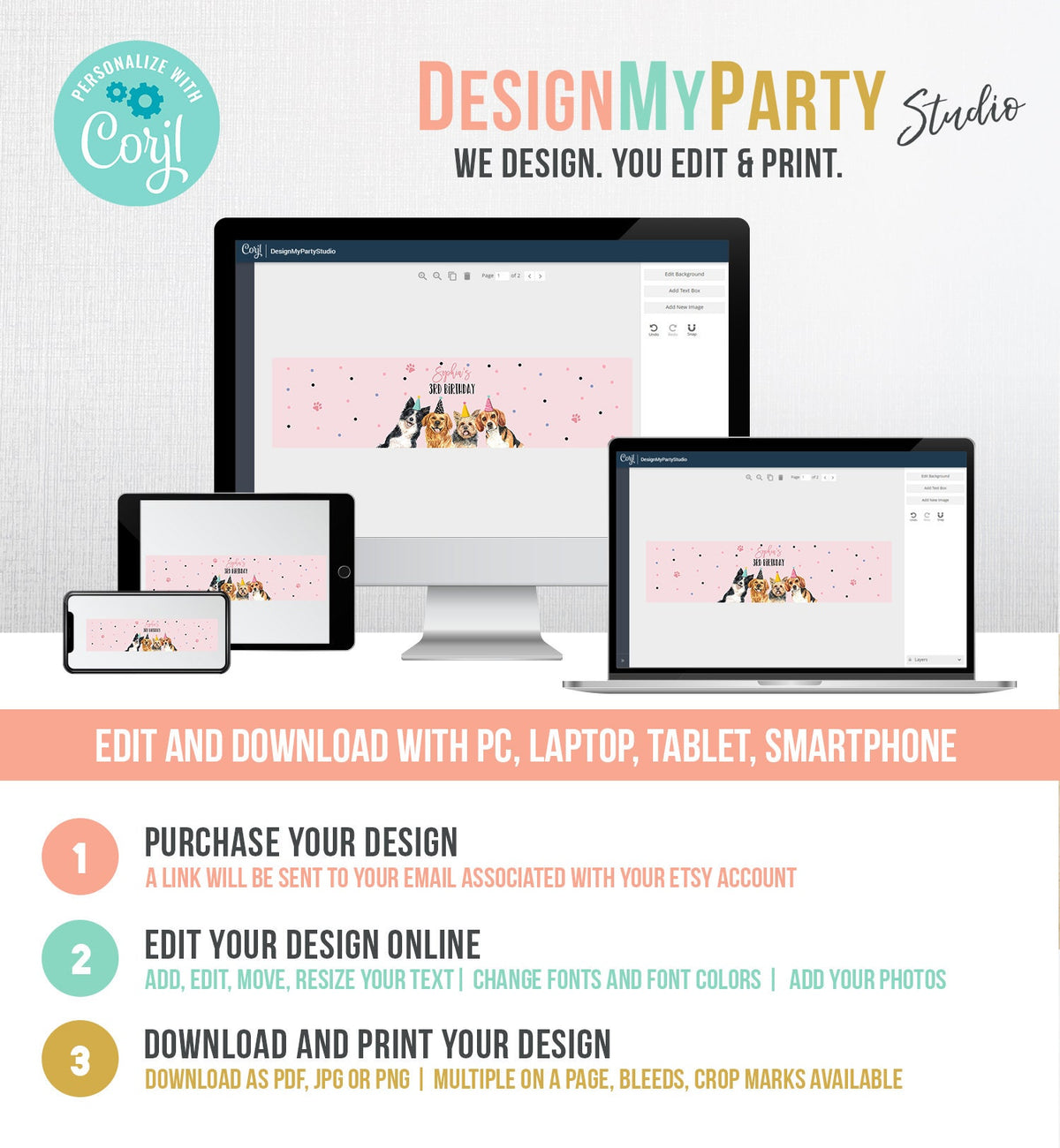 Editable Dog Water Bottle Labels Dog Birthday Puppy Party Doggy Pet Vet Pawty Birthday Decor Girl Bottle Wrapper Template Printable 0384