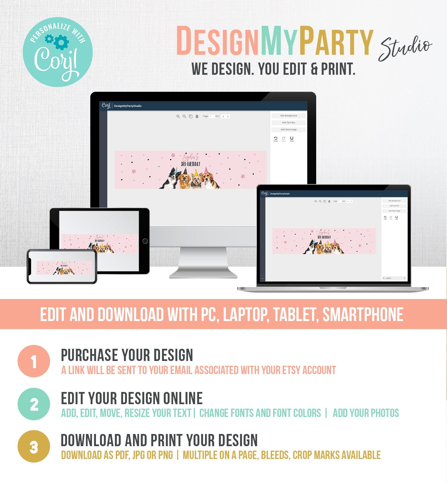 Editable Dog Water Bottle Labels Dog Birthday Puppy Party Doggy Pet Vet Pawty Birthday Decor Girl Bottle Wrapper Template Printable 0384