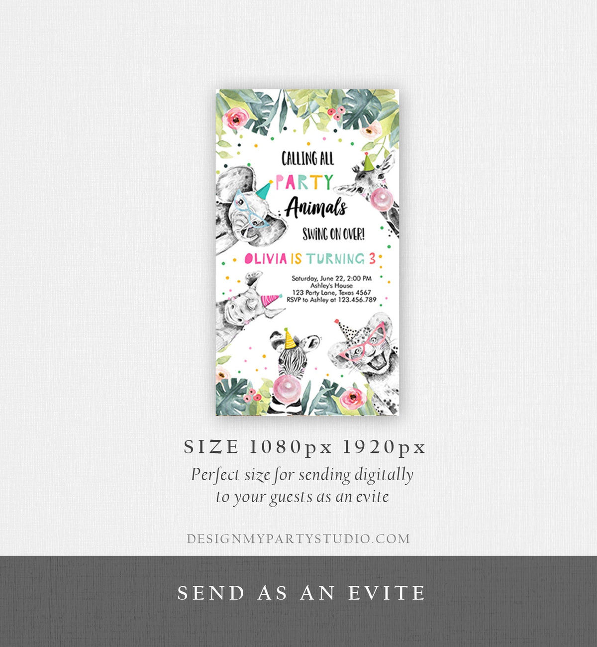 Editable Party Animals Birthday Evite Wild One Animals Invitation Zoo Safari Animals Girl Download Digital Invite iPhone Template Corjl 0322