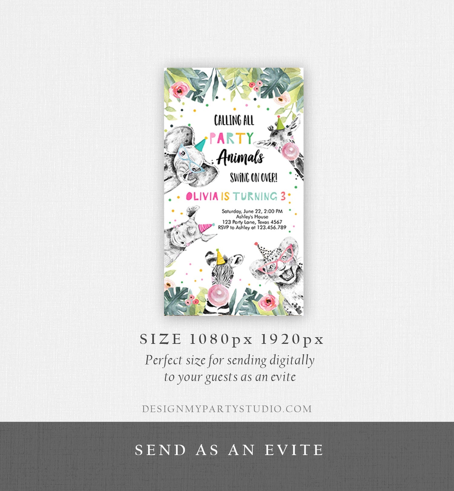 Editable Party Animals Birthday Evite Wild One Animals Invitation Zoo Safari Animals Girl Download Digital Invite iPhone Template Corjl 0322
