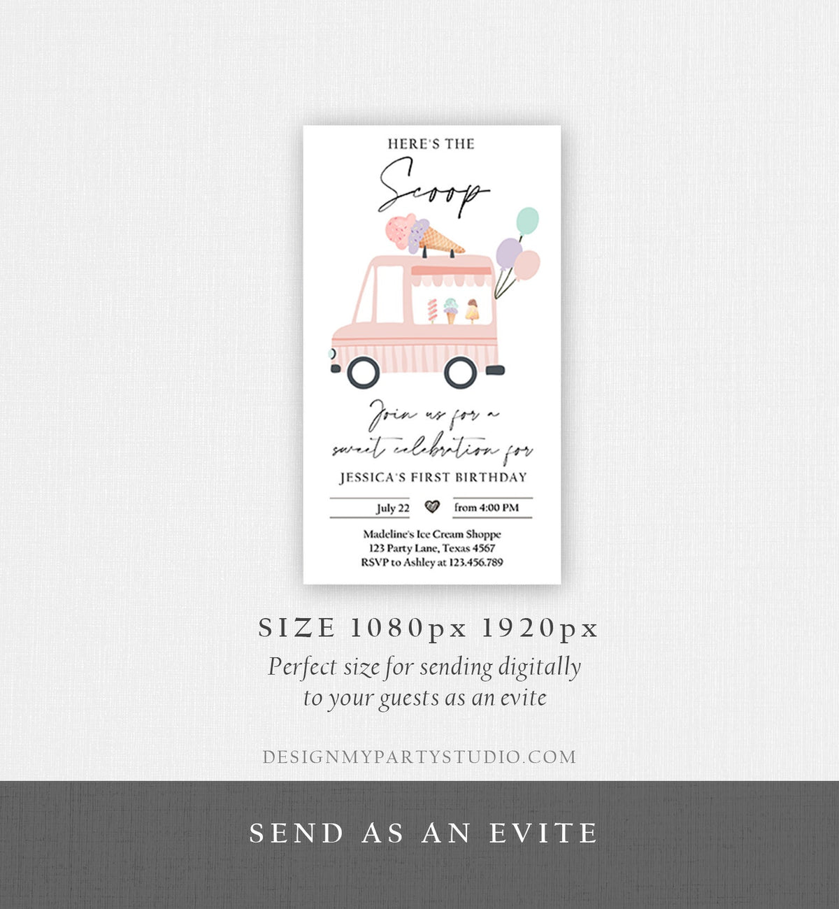 Editable Ice Cream Truck Birthday Evite Ice Cream Truck Invite Modern Ice Cream Shoppe Van The Scoop Phone Digital Download Template 0415