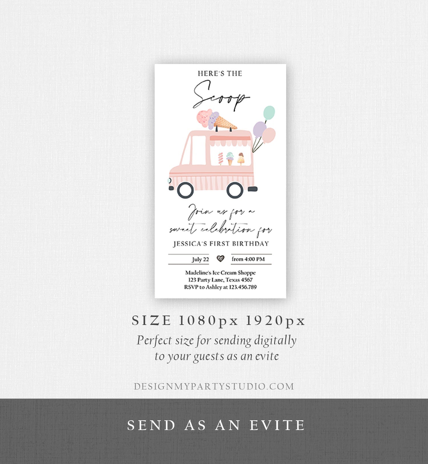 Editable Ice Cream Truck Birthday Evite Ice Cream Truck Invite Modern Ice Cream Shoppe Van The Scoop Phone Digital Download Template 0415