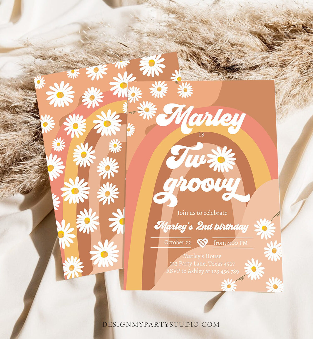 Editable Two Groovy Birthday Party Invitation 2nd Birthday Boho Retro Flower Power 70&#39;s Daisy Digital Download Template Printable 0428