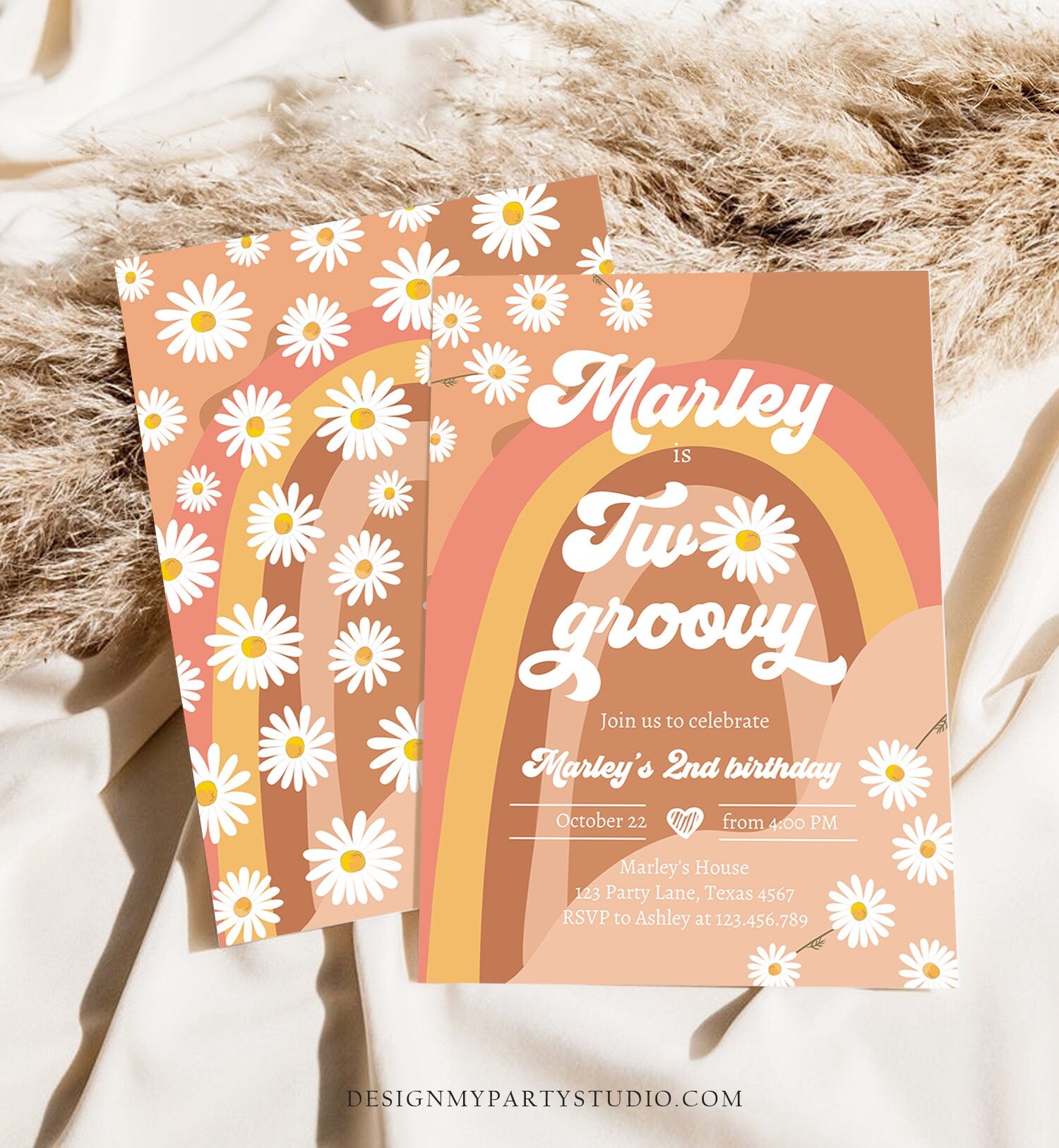 Editable Two Groovy Birthday Party Invitation 2nd Birthday Boho Retro Flower Power 70's Daisy Digital Download Template Printable 0428