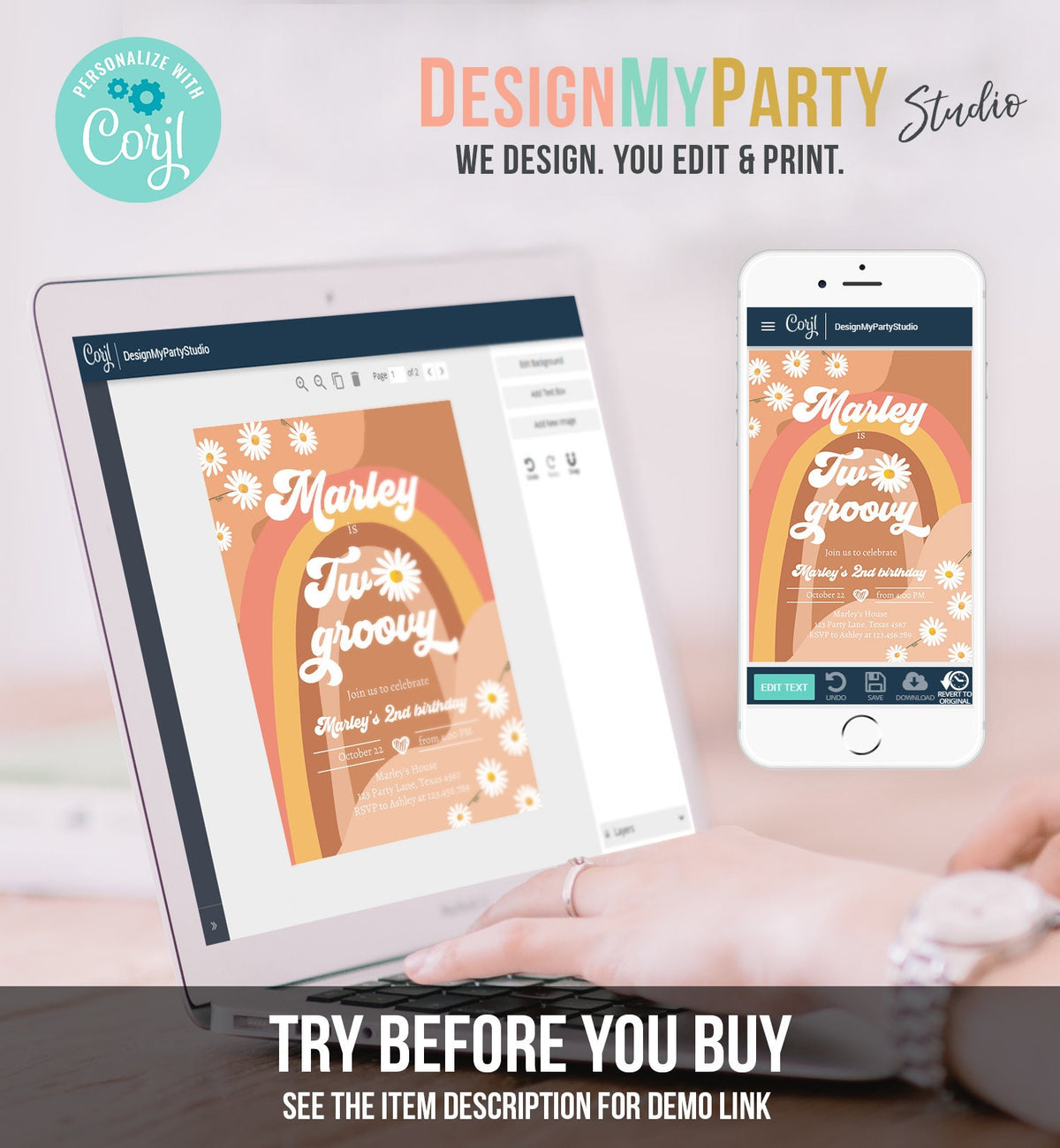 Editable Two Groovy Birthday Party Invitation 2nd Birthday Boho Retro Flower Power 70&#39;s Daisy Digital Download Template Printable 0428