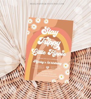 Editable Groovy Retro 1st Birthday Invitation First Birthday Retro Stay Trippy Little HIppie Download Printable Template Corjl Digital 0428