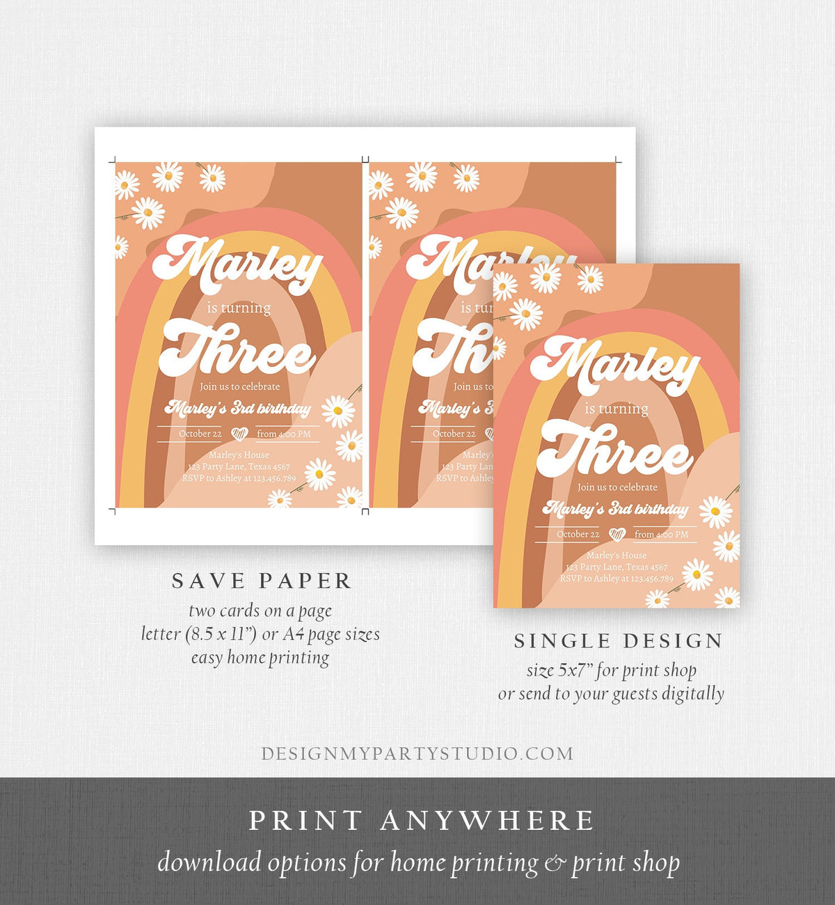 Editable Groovy Retro 3rd Birthday Invitation Three Birthday Retro Floral 70s Flower Power Festival Digital Evite Template Printable 0428