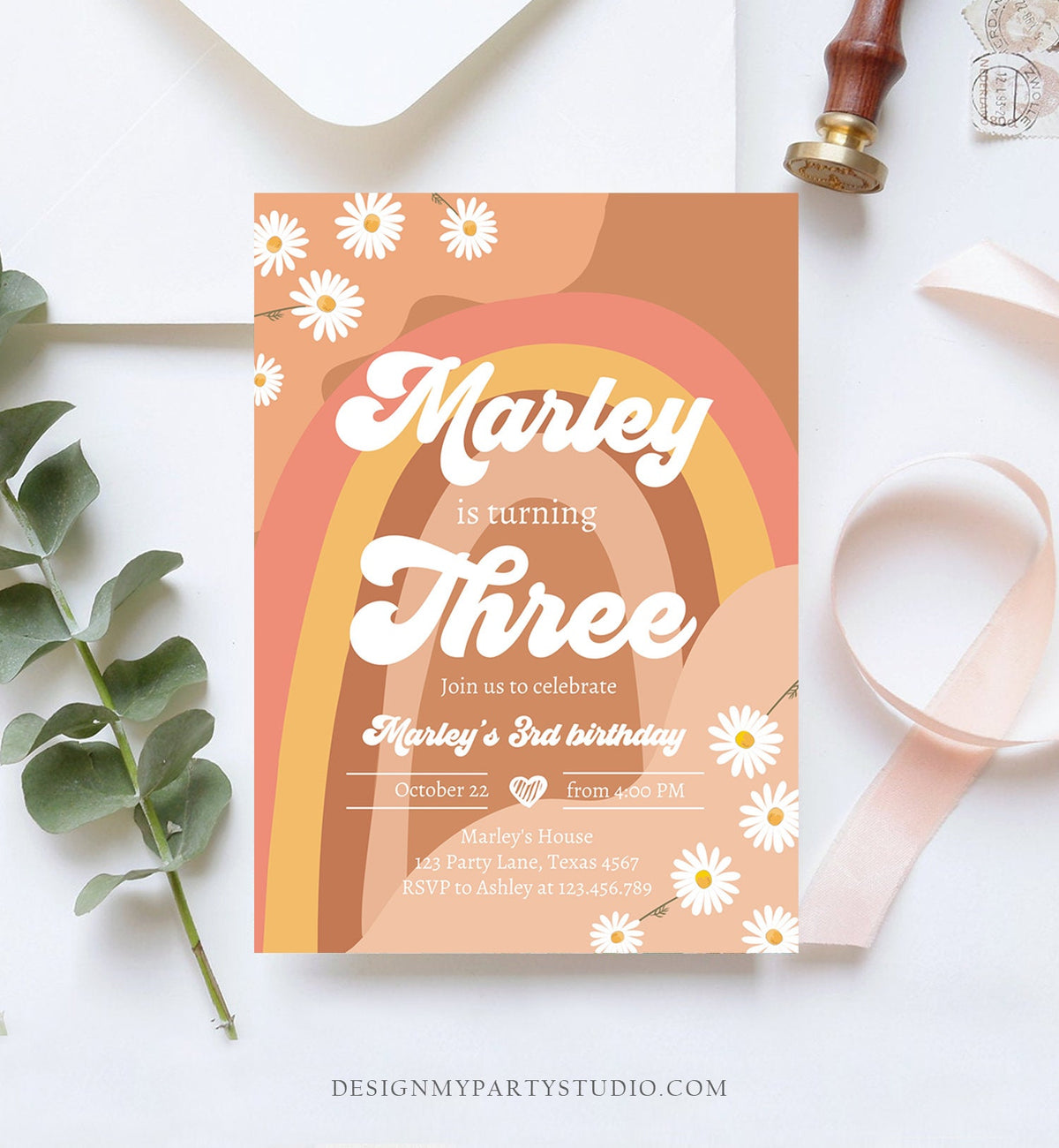Editable Groovy Retro 3rd Birthday Invitation Three Birthday Retro Floral 70s Flower Power Festival Digital Evite Template Printable 0428