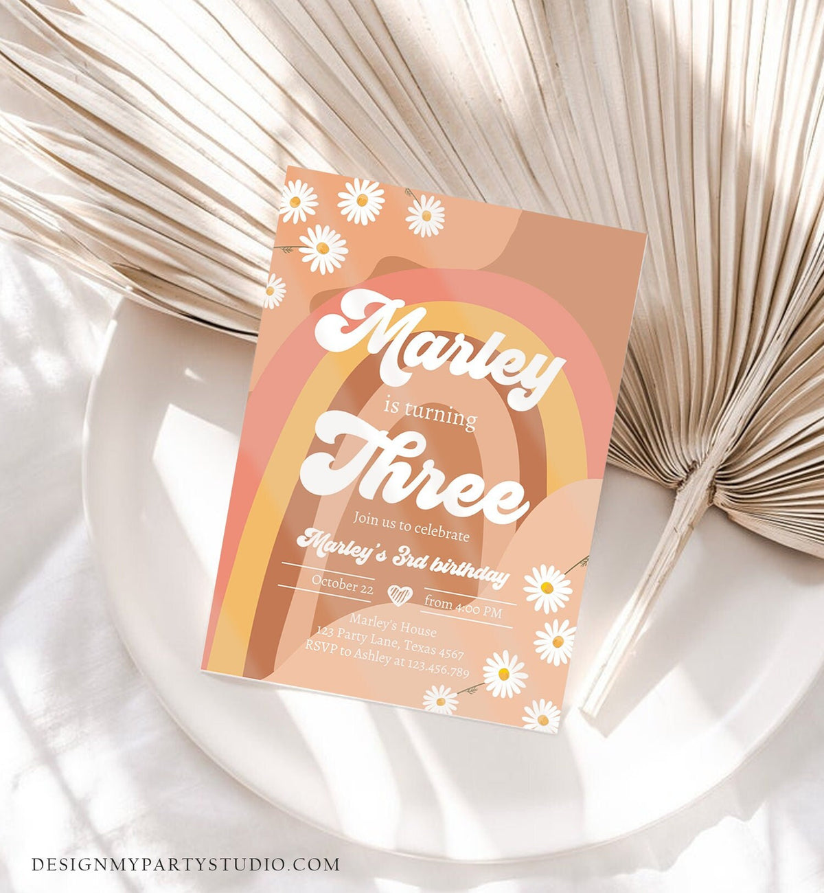 Editable Groovy Retro 3rd Birthday Invitation Three Birthday Retro Floral 70s Flower Power Festival Digital Evite Template Printable 0428