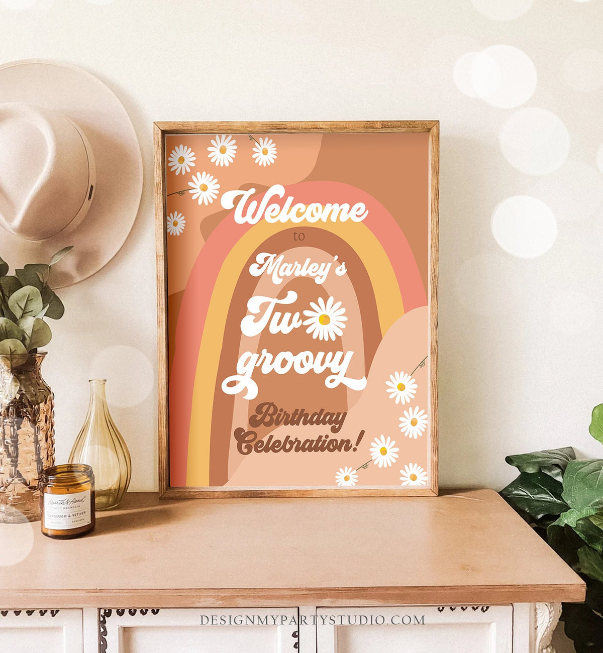 Editable Two Groovy Birthday Welcome Sign Floral Boho 2nd Birthday Welcome Sign Retro 70&#39;s Hippie Festival Digital Template Printable 0428