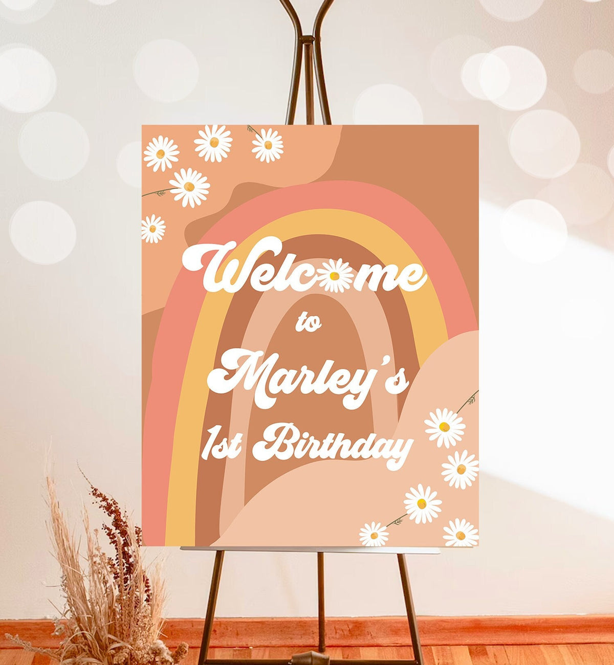 Editable Groovy Birthday Welcome Sign Floral Boho Birthday Welcome Sign Retro 70&#39;s Hippie Festival Digital Download Template Printable 0428