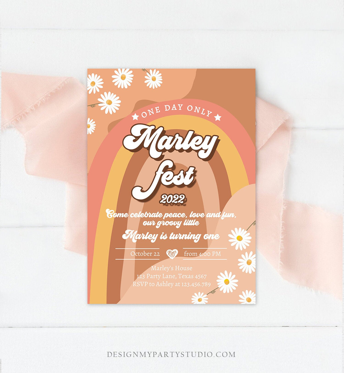 Editable Music Festival Birthday Party Invitation Floral Fest Birthday Flower Power 70&#39;s Groovy Hippie Digital Evite Template Printable 0428