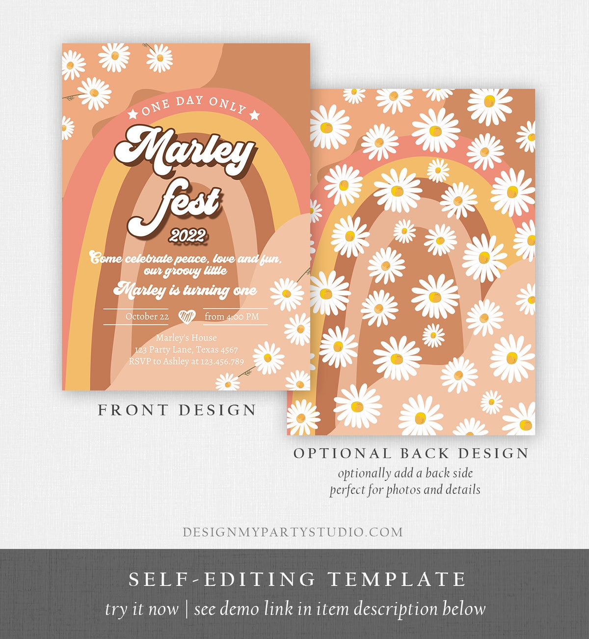 Editable Music Festival Birthday Party Invitation Floral Fest Birthday Flower Power 70&#39;s Groovy Hippie Digital Evite Template Printable 0428
