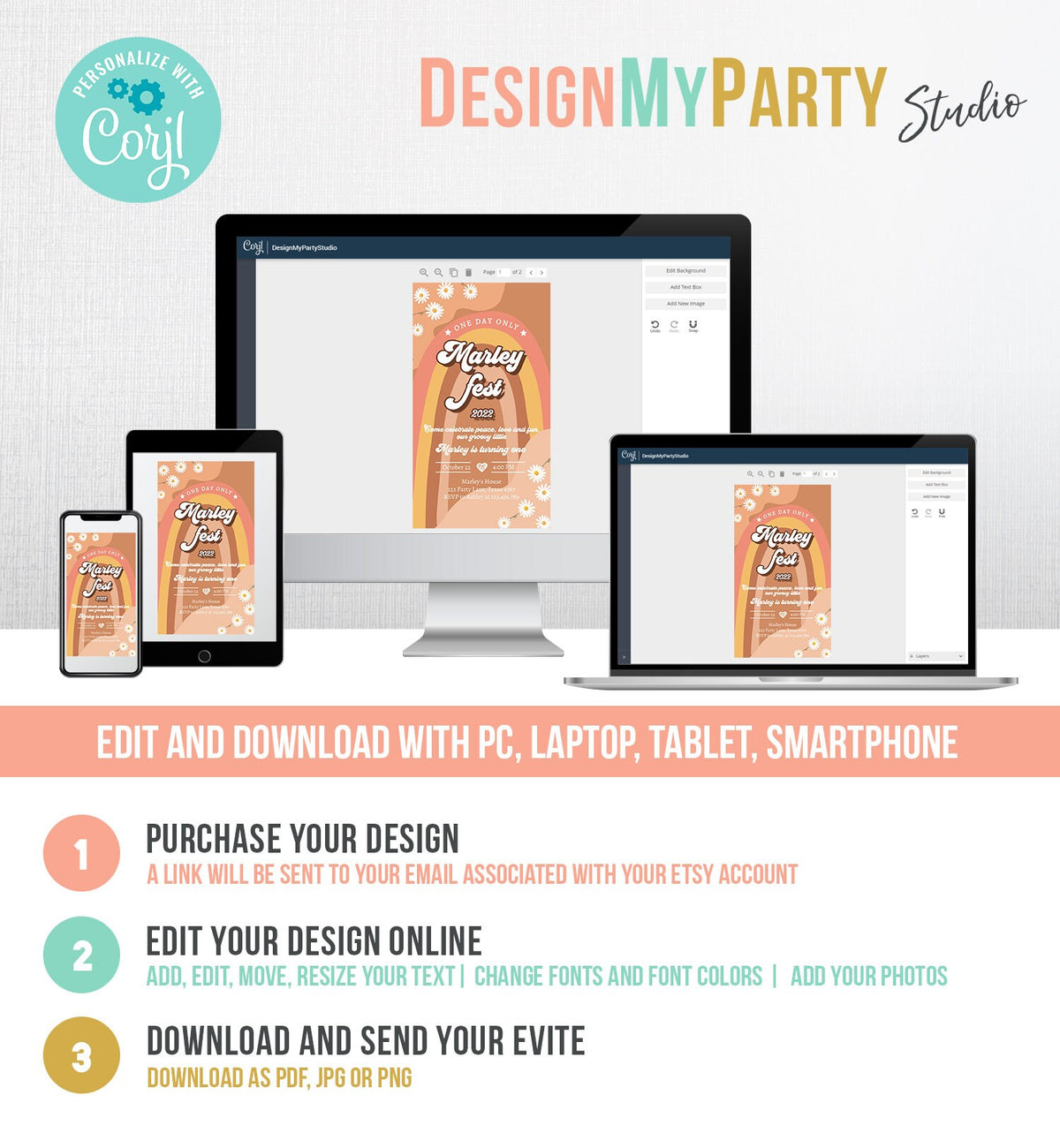 Editable Music Festival Birthday Party Evite Groovy Birthday Boho Retro Flower Power 70&#39;s Digital Download Electronic Evite Template 0428