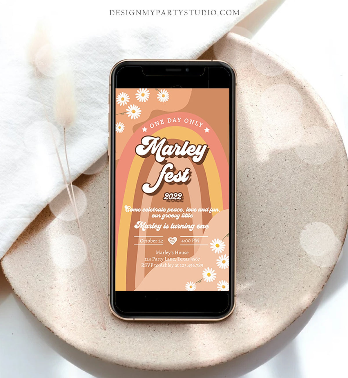 Editable Music Festival Birthday Party Evite Groovy Birthday Boho Retro Flower Power 70&#39;s Digital Download Electronic Evite Template 0428