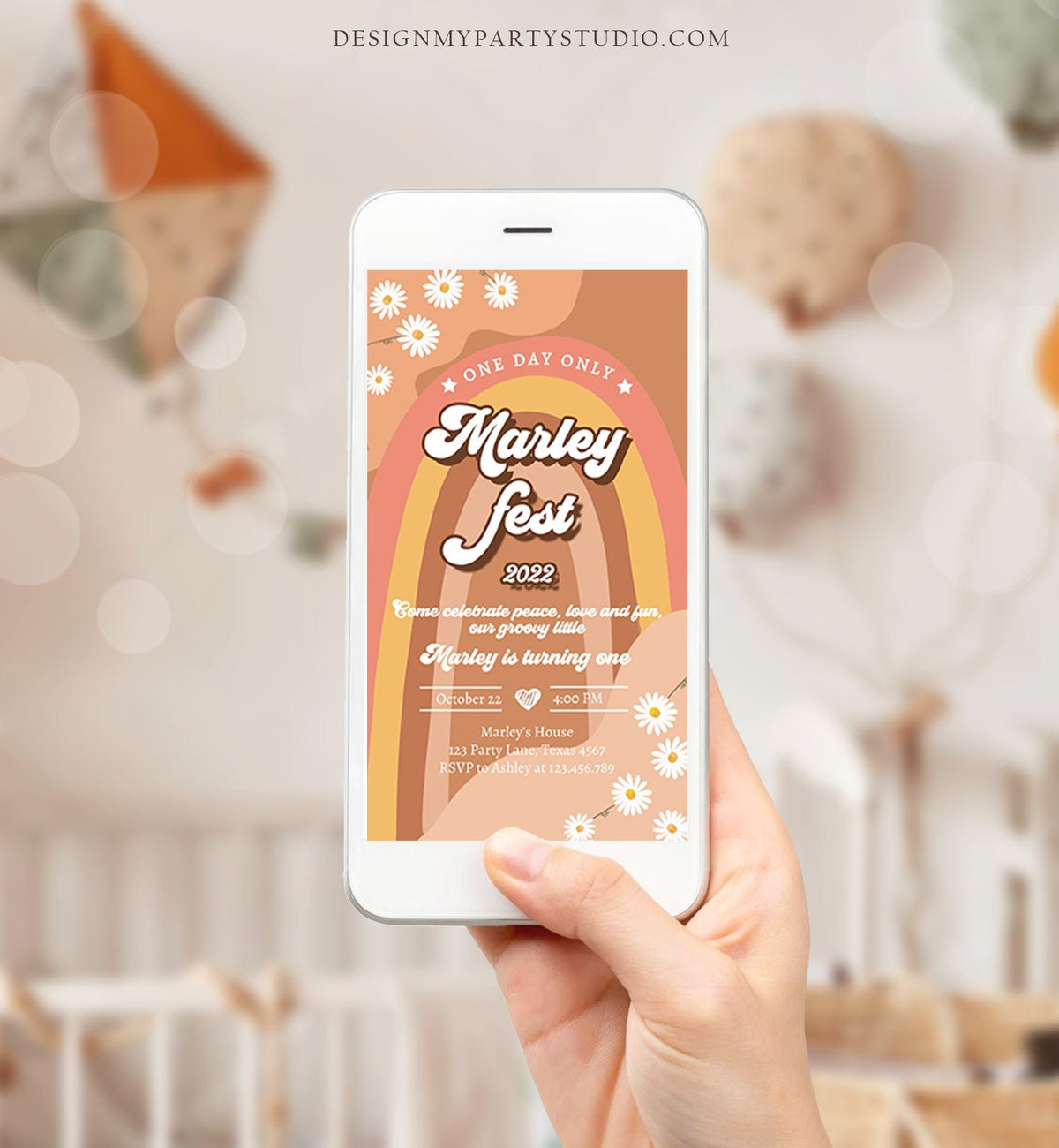 Editable Music Festival Birthday Party Evite Groovy Birthday Boho Retro Flower Power 70&#39;s Digital Download Electronic Evite Template 0428