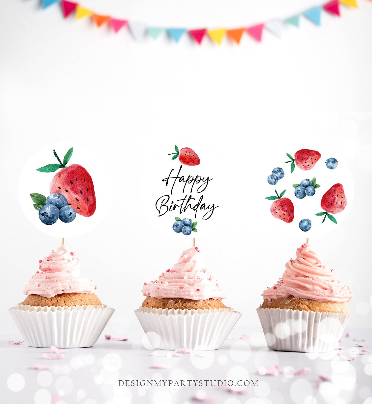 Strawberry Blueberry Birthday Cupcake Toppers Favor Tags Girl Boy Party Decor Berry Sweet 1st Strawberries Digital Download PRINTABLE 0399