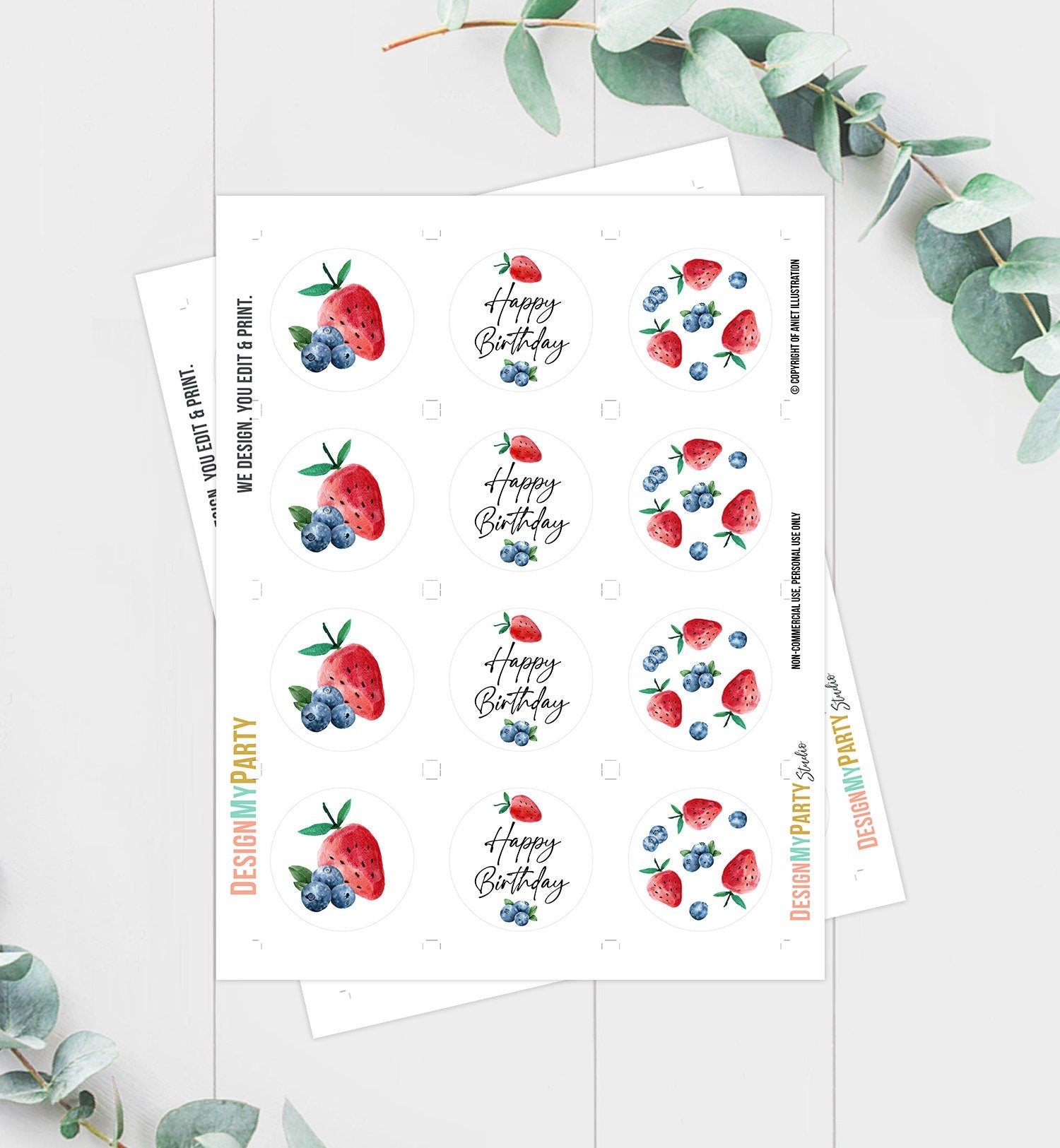 Strawberry Blueberry Birthday Cupcake Toppers Favor Tags Girl Boy Party Decor Berry Sweet 1st Strawberries Digital Download Printable 0399