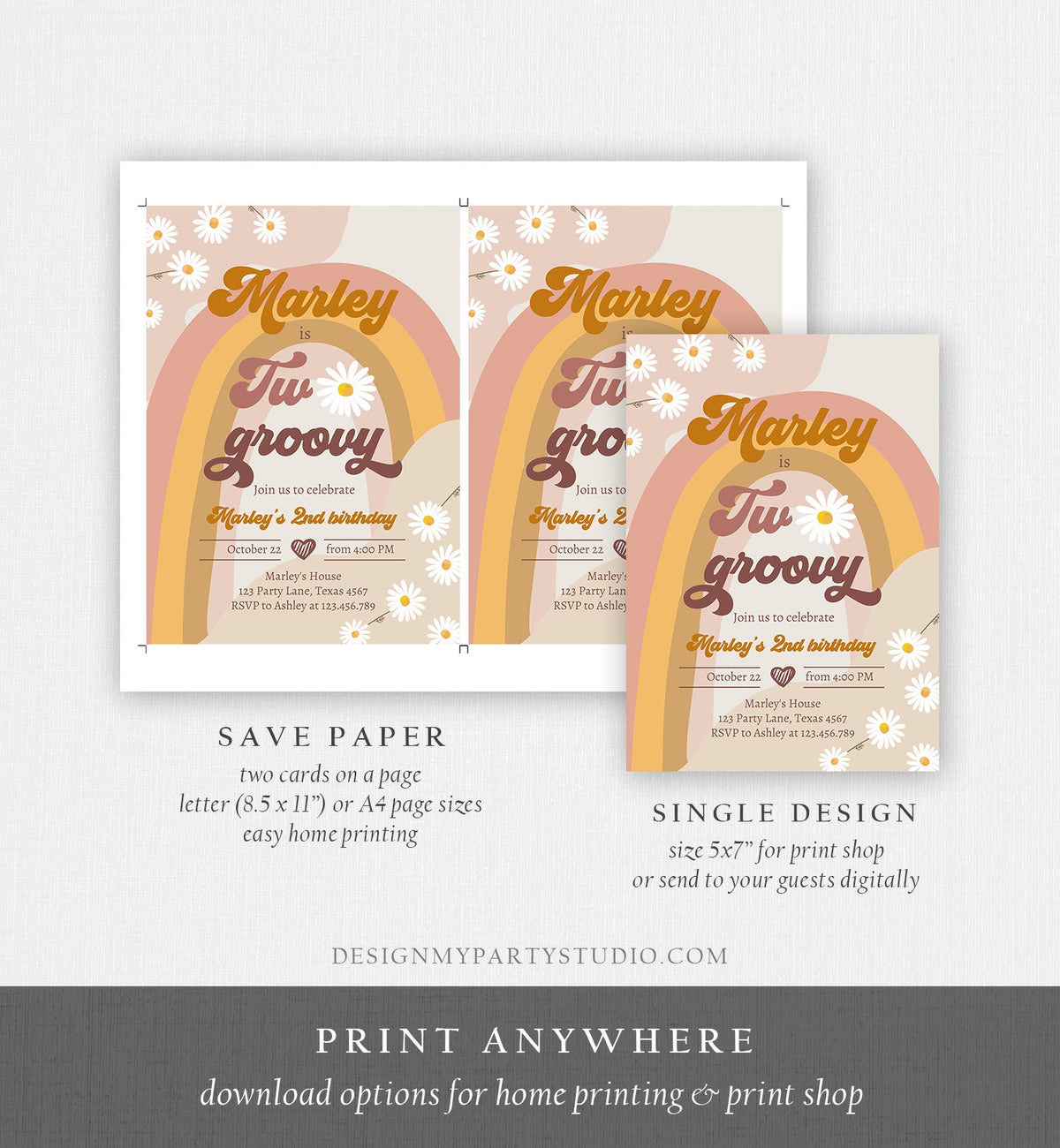 Editable Two Groovy Birthday Party Invitation 2nd Birthday Boho Retro Flower Power 70&#39;s Daisy Digital Download Evite Template Printable 0428