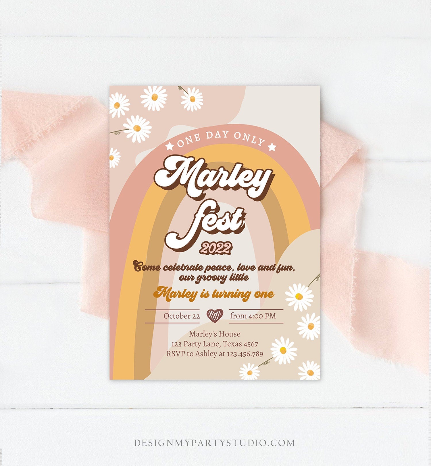 Editable Music Festival Birthday Party Invitation Floral Fest Birthday Seventies Groovy Peace Love Digital Download Template Printable 0428