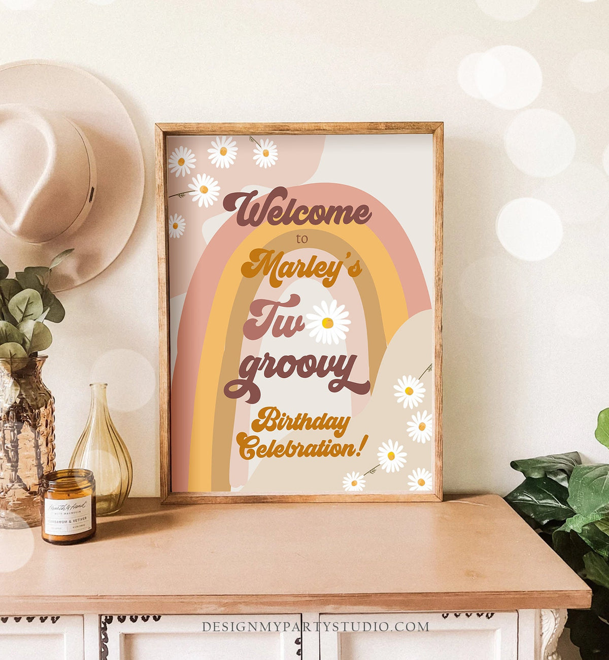 Editable Two Groovy Birthday Welcome Sign Floral Boho 2nd Birthday Welcome Sign Retro 70&#39;s Hippie Festival Template Corjl PRINTABLE 0428