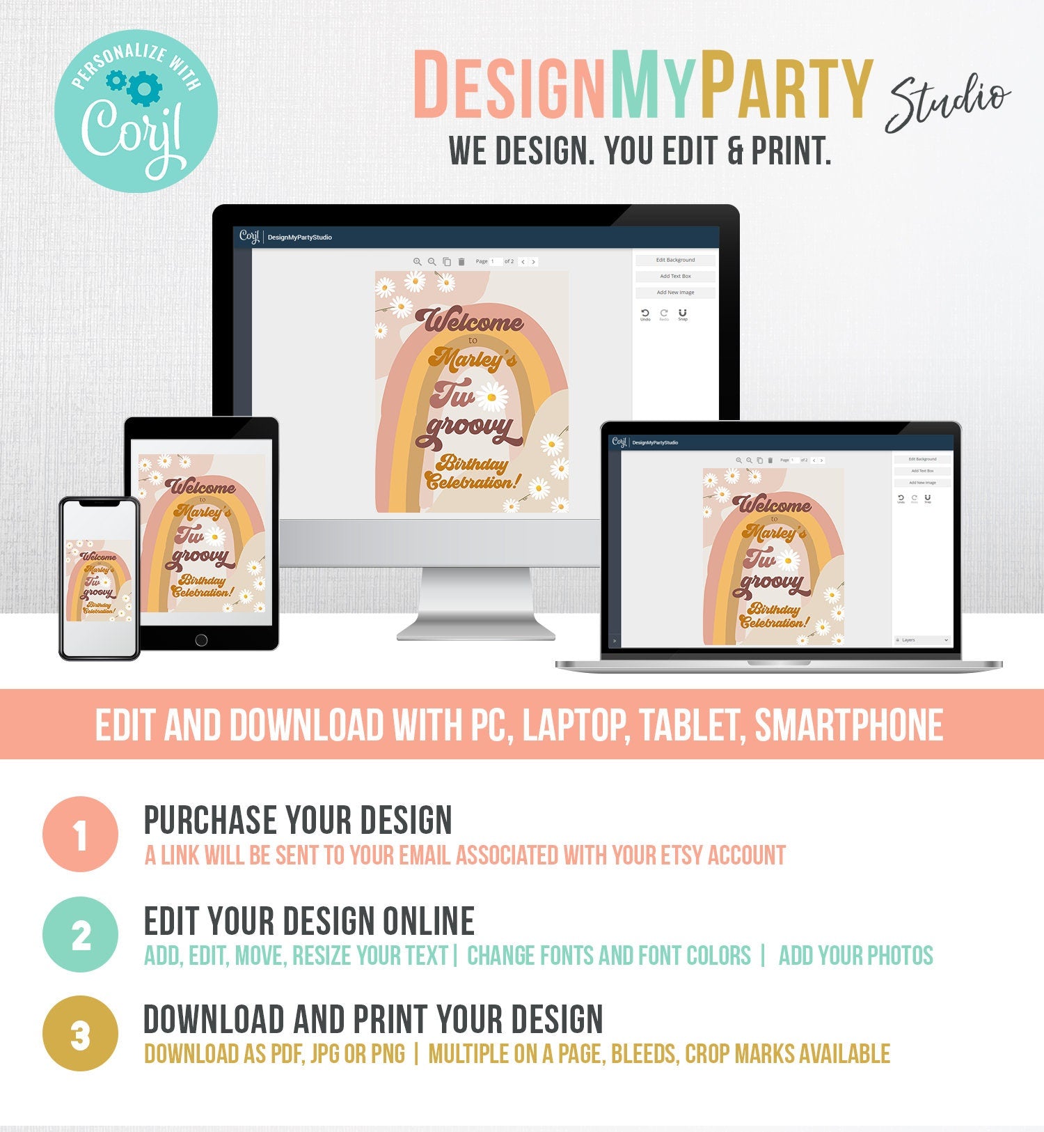 Editable Two Groovy Birthday Welcome Sign Floral Boho 2nd Birthday Welcome Sign Retro 70's Hippie Festival Template Corjl PRINTABLE 0428