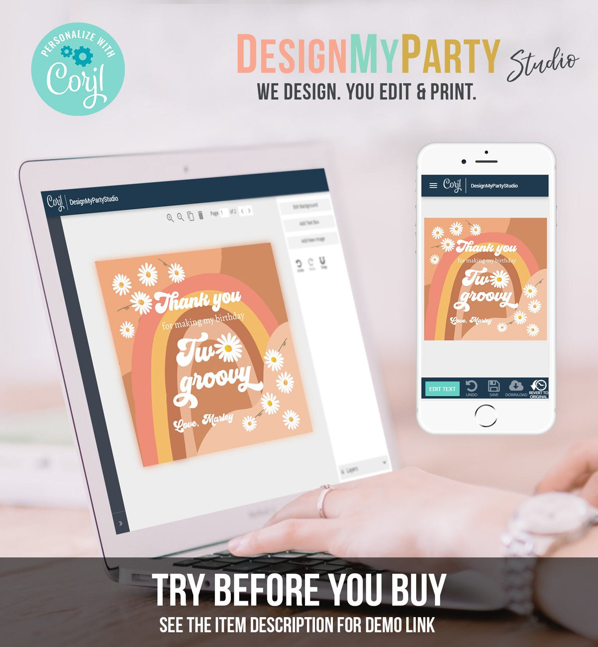 Editable Two Groovy Favor Tags Retro Daisy Birthday Thank you Sticker Festival Gift tags 70s Floral Hippie Digital Template Printable 0428