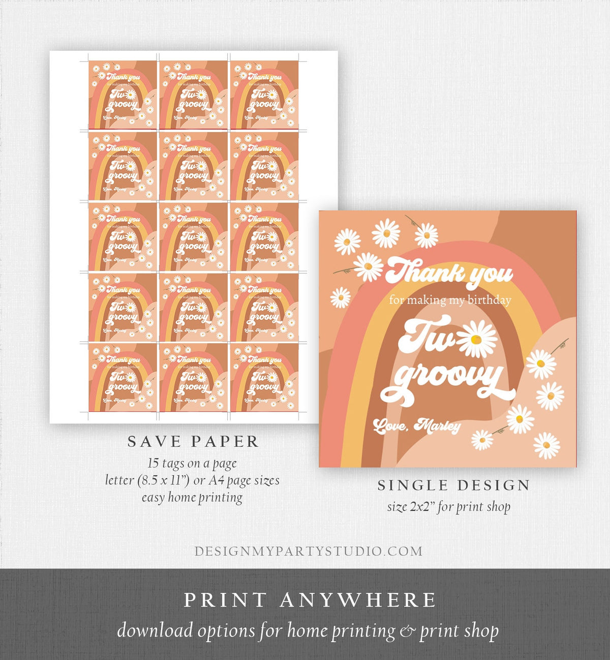 Editable Two Groovy Favor Tags Retro Daisy Birthday Thank you Sticker Festival Gift tags 70s Floral Hippie Digital Template Printable 0428
