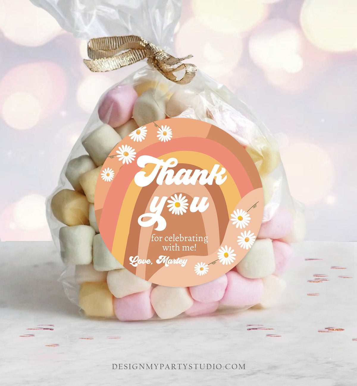 Editable Retro Daisy Favor Tag Groovy Birthday Thank You Gift Sticker Festival Gift 70s Hippie Digital Download Template Printable 0428