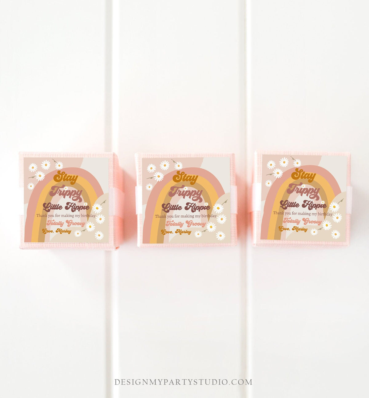Editable Groovy 1st Birthday Favor Tags Retro Daisy Birthday Thank you Sticker Festival 70s Stay Trippy Hippie Template Corjl PRINTABLE 0428
