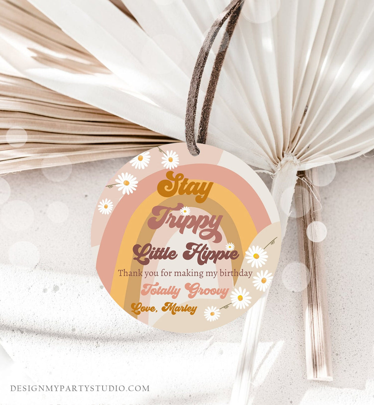 Editable Groovy 1st Birthday Favor Tags Retro Daisy Birthday Thank you Sticker Festival 70s Stay Trippy Hippie Template Corjl PRINTABLE 0428