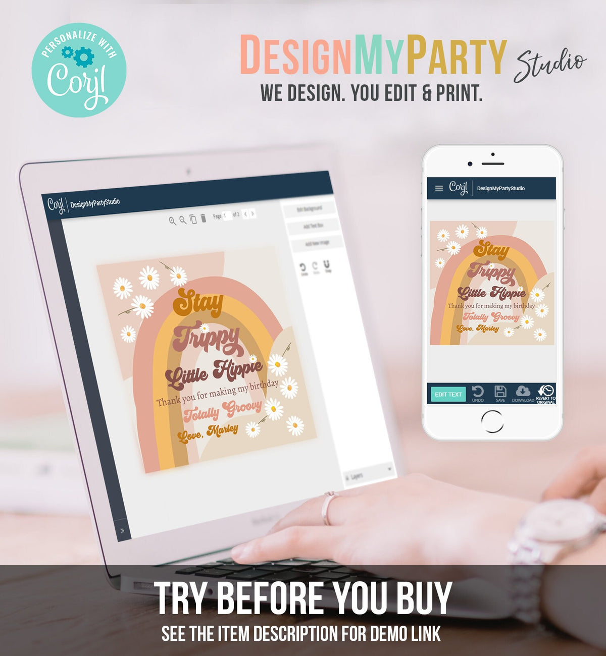 Editable Groovy 1st Birthday Favor Tags Retro Daisy Birthday Thank you Sticker Festival 70s Stay Trippy Hippie Template Corjl PRINTABLE 0428