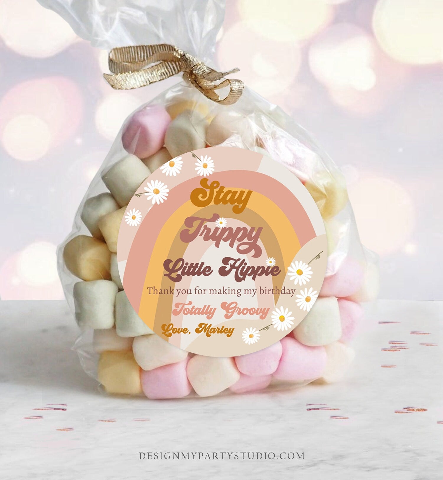 Editable Groovy 1st Birthday Favor Tags Retro Daisy Birthday Thank you Sticker Festival 70s Stay Trippy Hippie Template Corjl PRINTABLE 0428