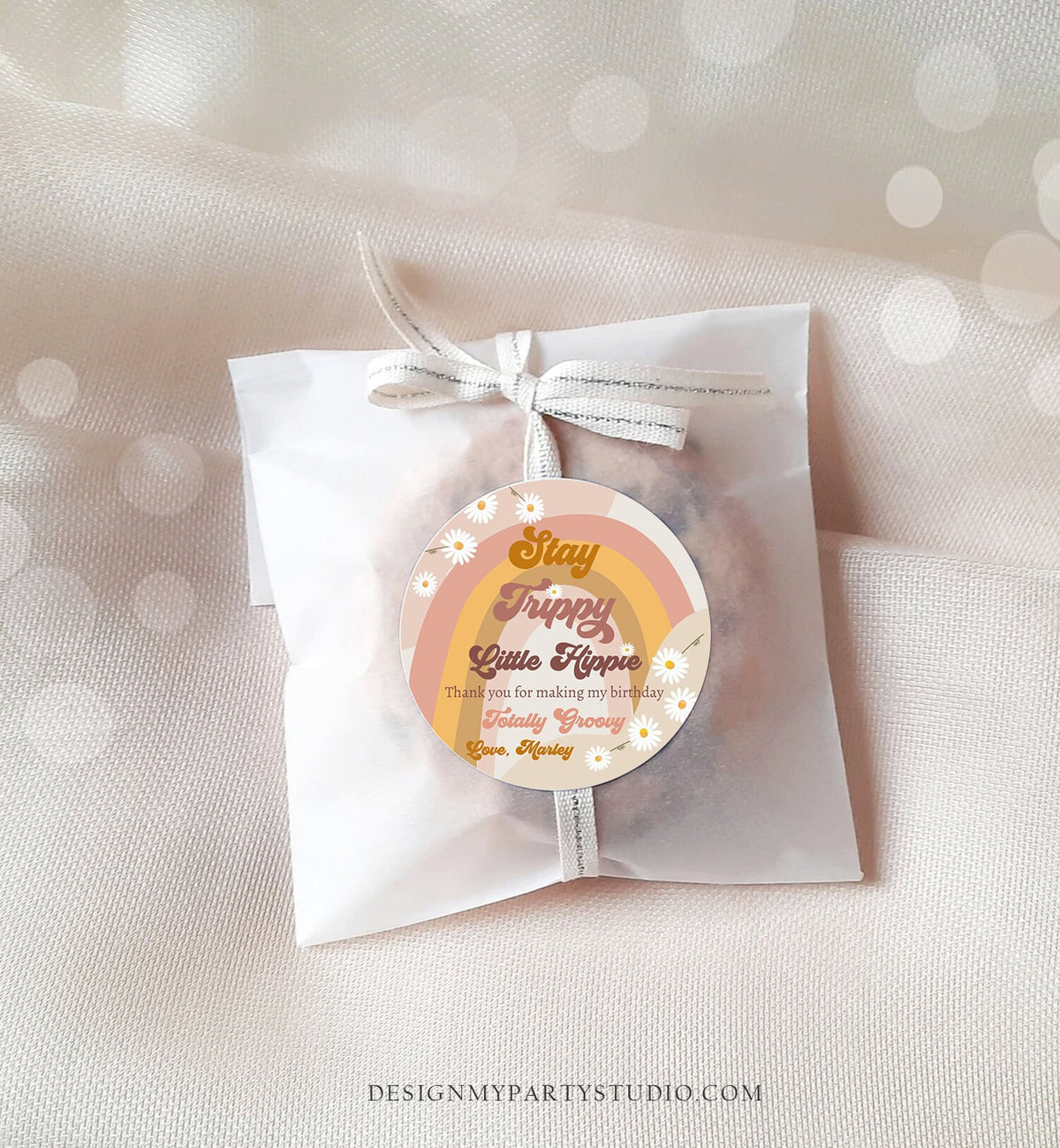 Editable Groovy 1st Birthday Favor Tags Retro Daisy Birthday Thank you Sticker Festival 70s Stay Trippy Hippie Template Corjl PRINTABLE 0428