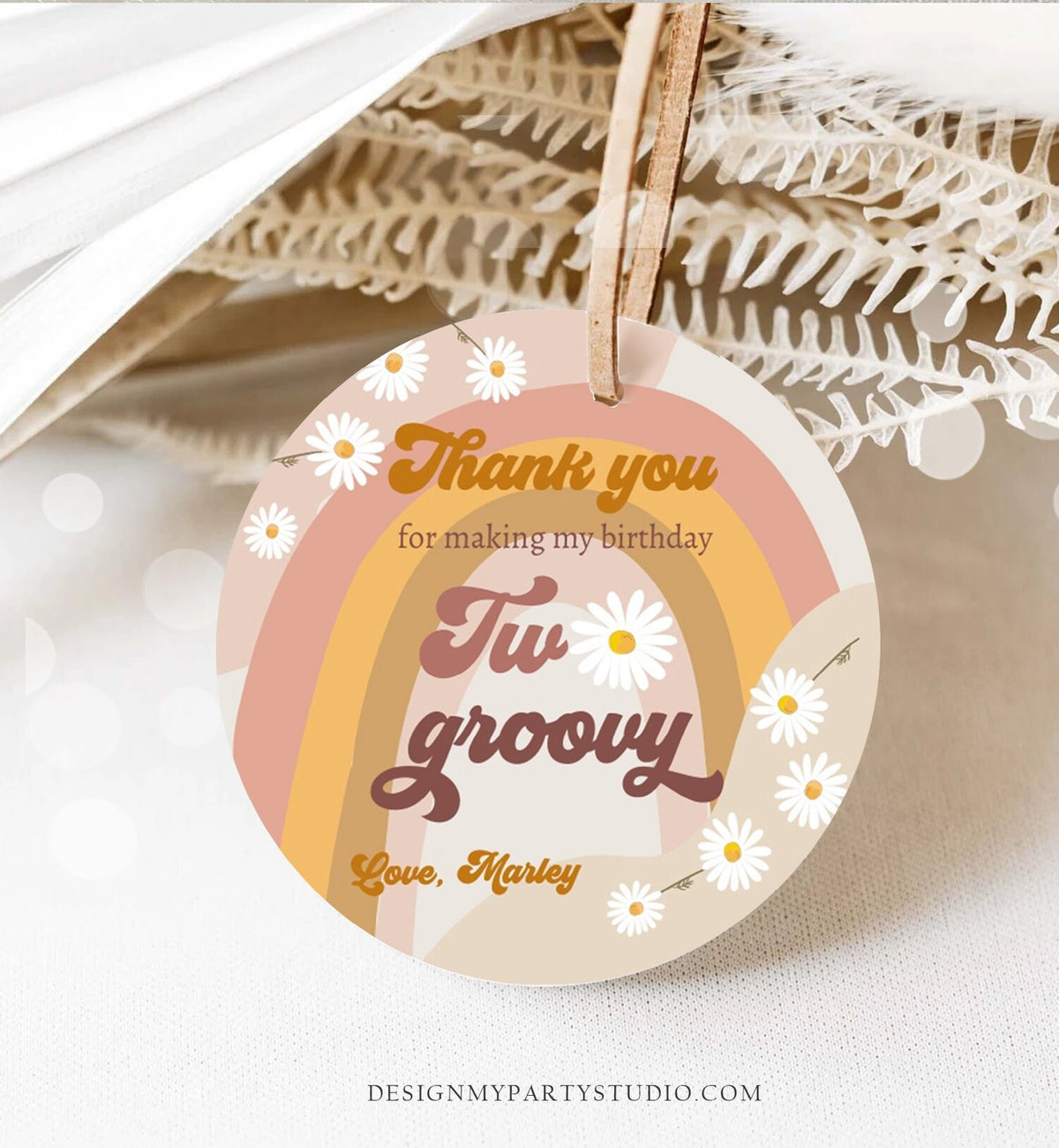 Editable Groovy 1st Birthday Favor Tags Retro Daisy Birthday Thank you Sticker Festival 70s Stay Trippy Hippie Template Corjl PRINTABLE 0428