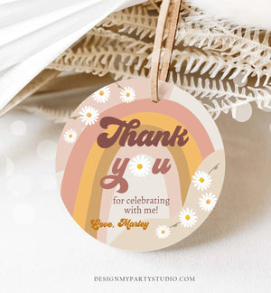 Editable Retro Daisy Favor Tags 1st 2nd Groovy Birthday Thank you Sticker Festival Gift tags 70s Floral Hippie Template Corjl PRINTABLE 0428