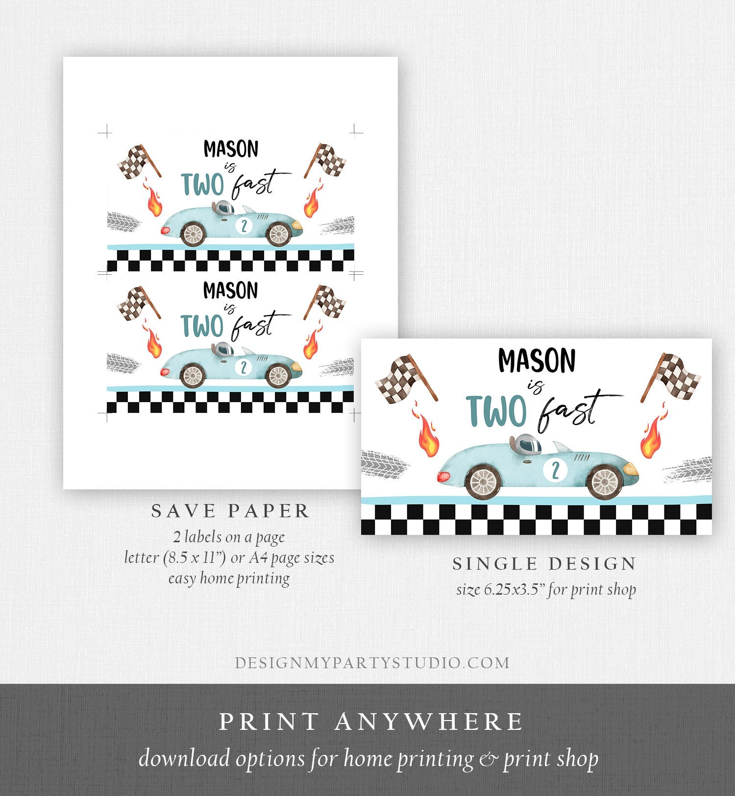 Editable Two Fast Gable Box Favor Label Race Car Birthday Favor Box Boy Racing Growing Up Two Fast Digital Download Template Printable 0424