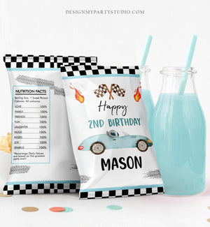 Editable Race Car Chip Bag Two Fast 2nd Birthday Party Decor Boy Racing Party Favors Two Birthday Blue Car Digital Corjl Template 0424