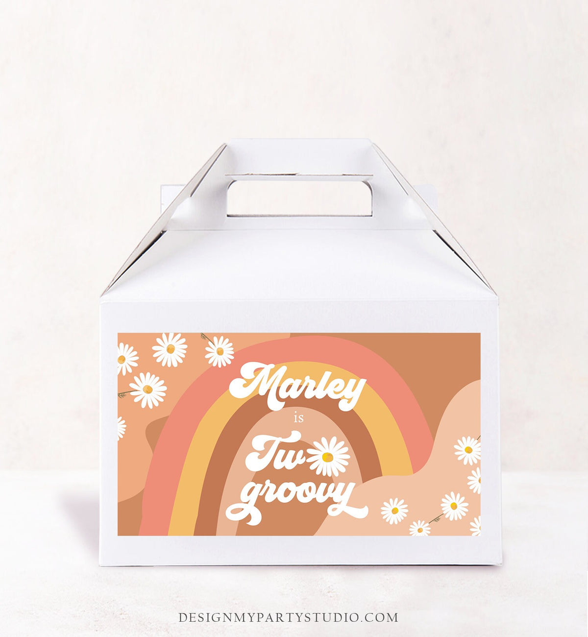 Editable Groovy Birthday Party Gable Box Favor Label Hippie 70&#39;s Gift Box Labels Festival Two Groovy Daisy Download Printable Corjl 0428