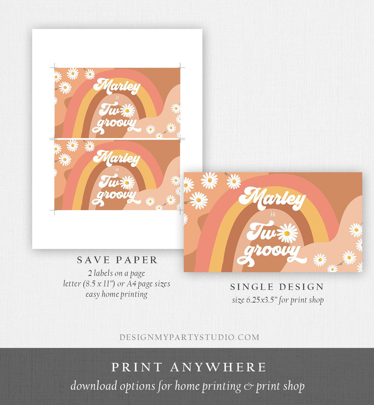 Editable Groovy Birthday Party Gable Box Favor Label Hippie 70&#39;s Gift Box Labels Festival Two Groovy Daisy Download Printable Corjl 0428